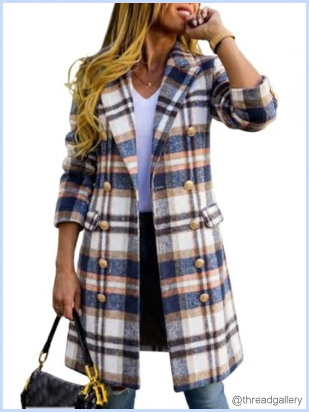 Plaid Wool Blend Double Breasted Peacoat Trench Coat